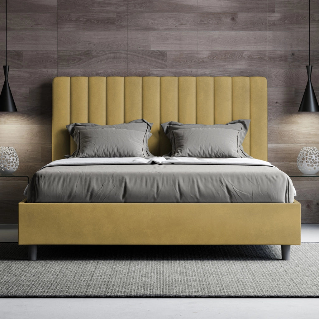 BS COM Letto queen size con rete imbottito 150x200 microfibra ocra