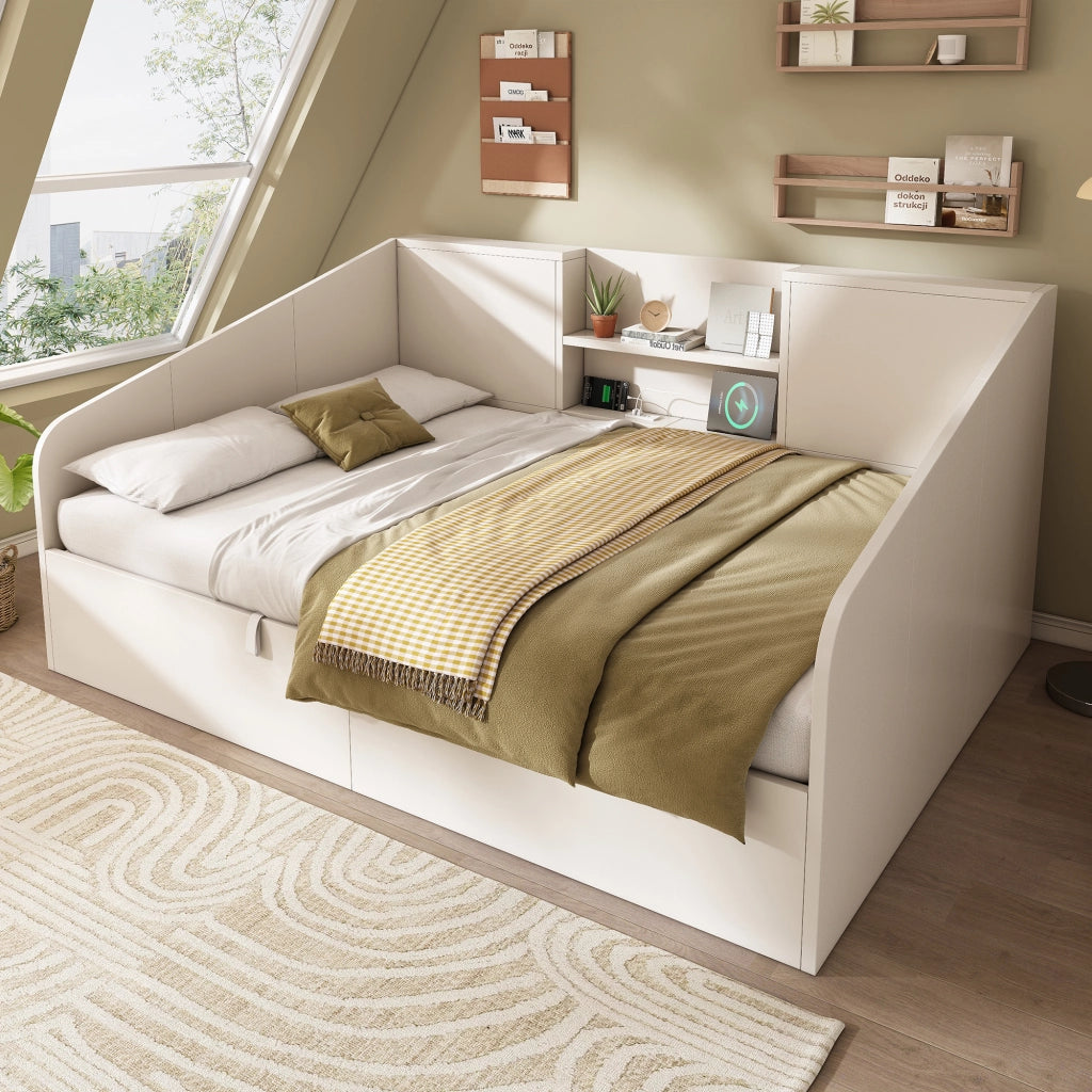 Letto a Divanetto 140 x 190 cm con Contenitore; USB; Type-C e Mensole in Legno - Bianco