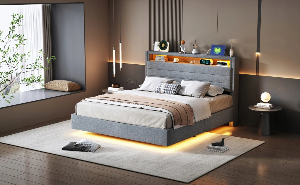 Letto imbottito 140x200 - Xylo - Grigio, struttura idraulica, LED, USB
