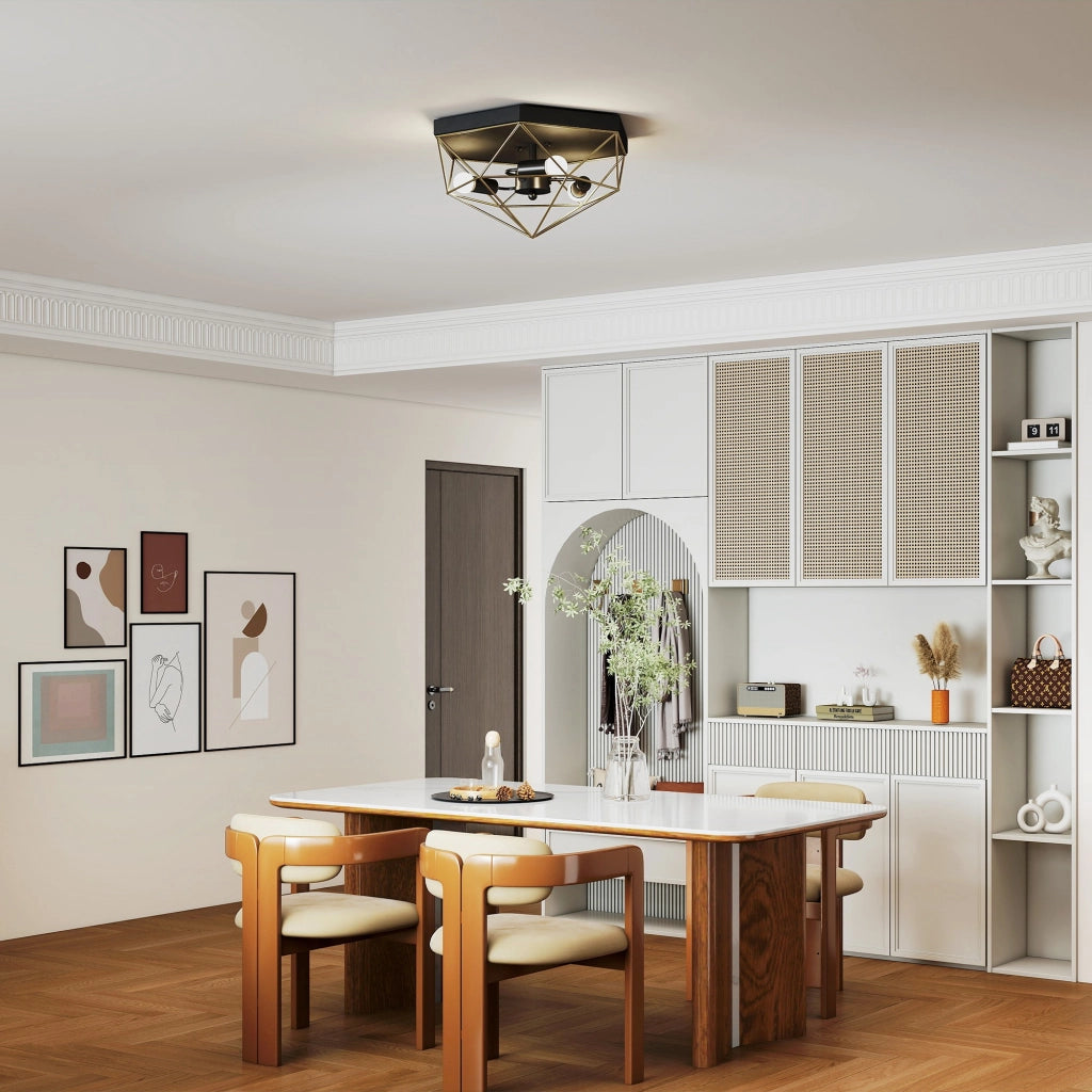 Lampada da Soffitto Industriale Geometrica a 3 Luci ¨C Minimal ¨C Nero e Oro