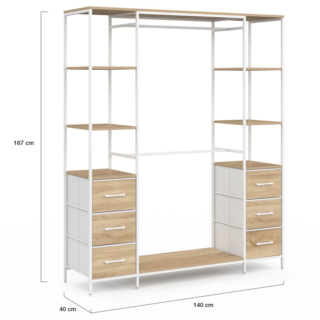 IDMarket - Armadio doppio UTAH + colonna doppia L. 140 cm con 6 ripiani e 6 cestini in legno e tessuto bianco