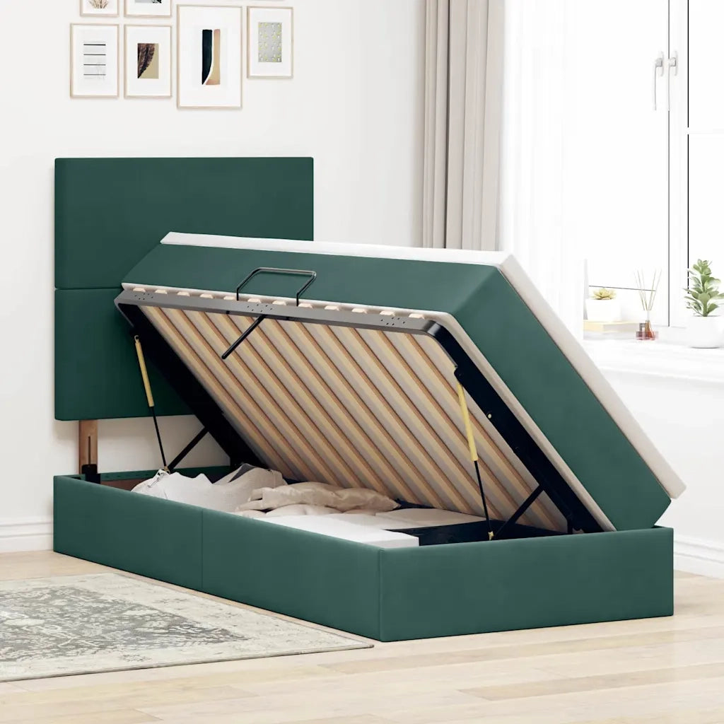 Letto con contenitore e LED Verde Scuro 100 x 200 cm Velluto