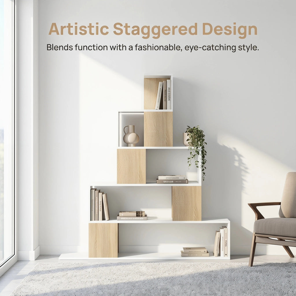 Libreria a 5 Ripiani con Design a Gradini Bianco e Naturale