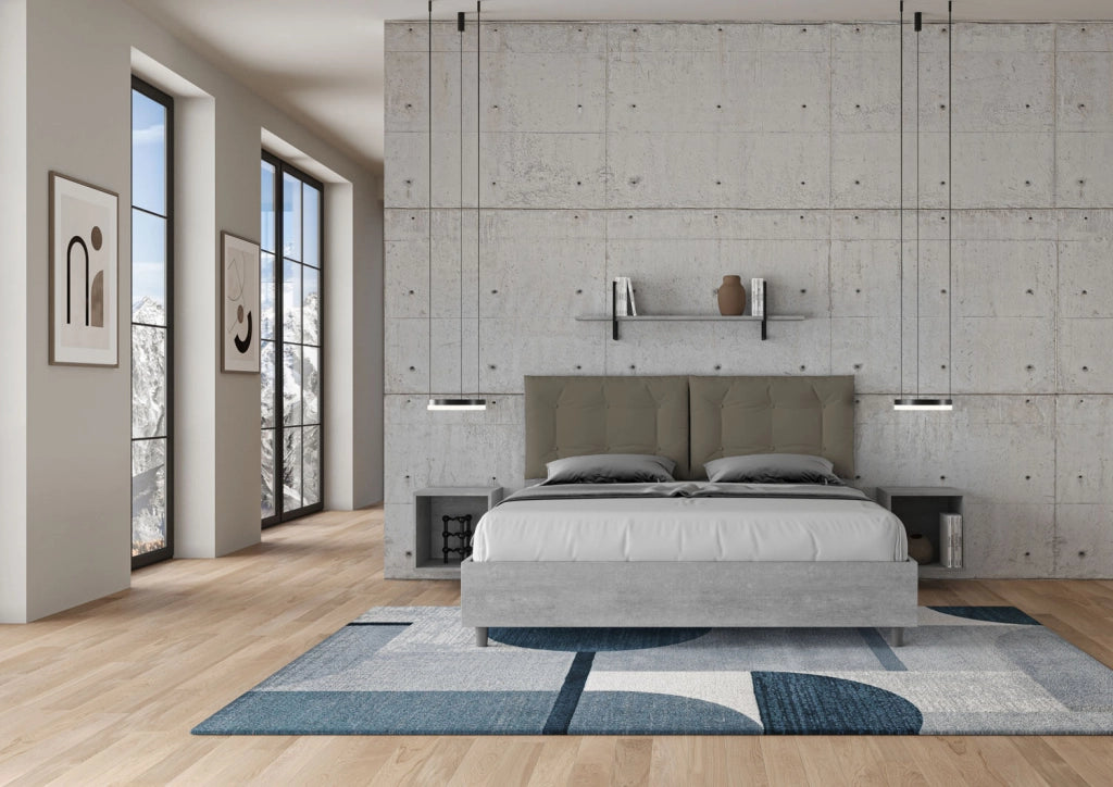 BS COM Letto matrimoniale con rete 160x190 cemento cuscini similpelle cappuccino