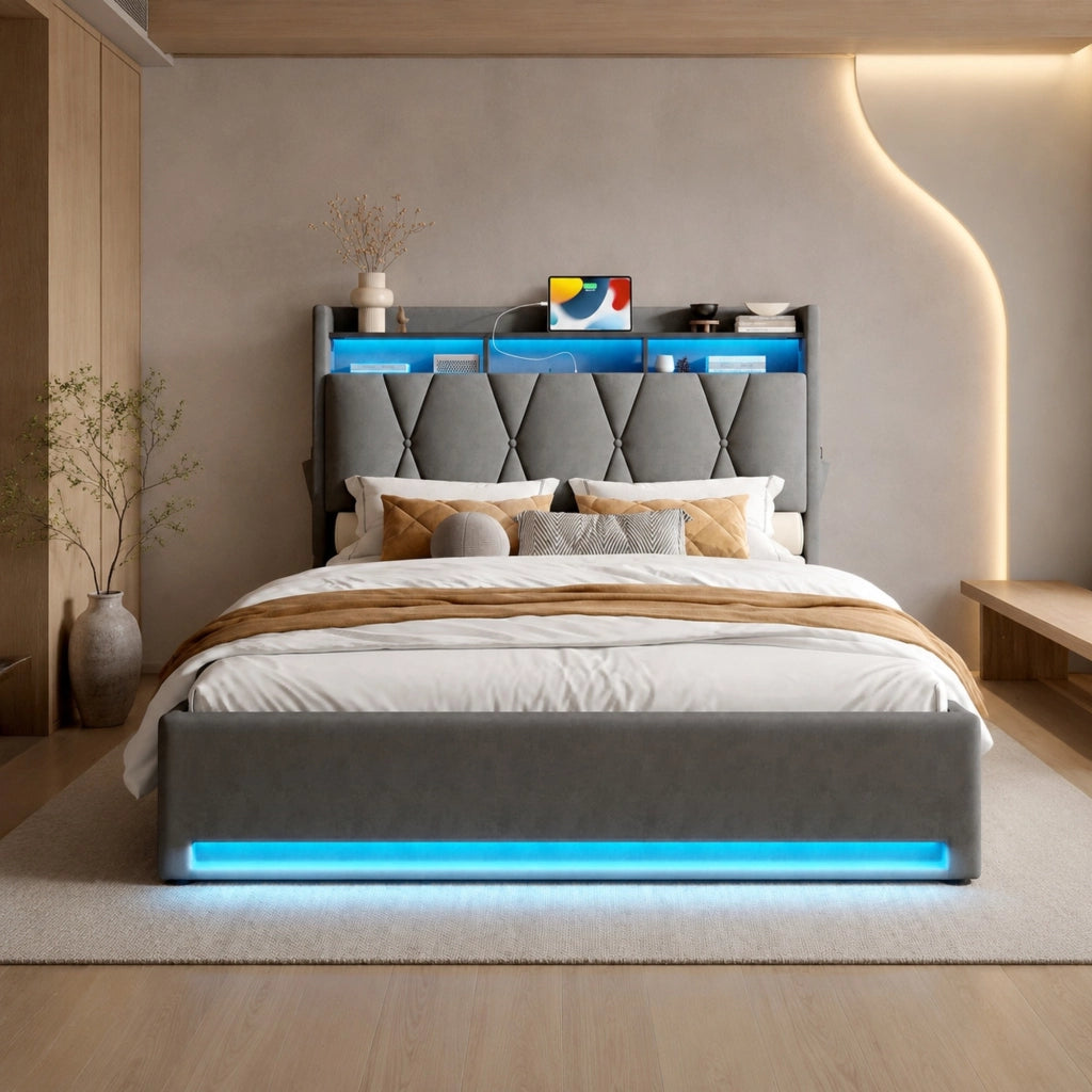 LETTO imbottito 140x200 cm in velluto grigio scuro con LED, USB Type-C e contenitore