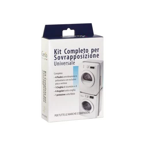 Igenio 999 Kit Sovrapposizione Colonna Lavatrice Asciugatrice Universale 4 Piedini Antivibrazione Cinghia Sicurezza 6 m colore Bianco