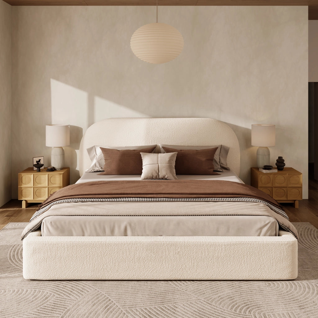 Letto Matrimoniale Imbottito con Testiera ¨C MINIMAL ¨C Boucl¨¦ Beige 180x200