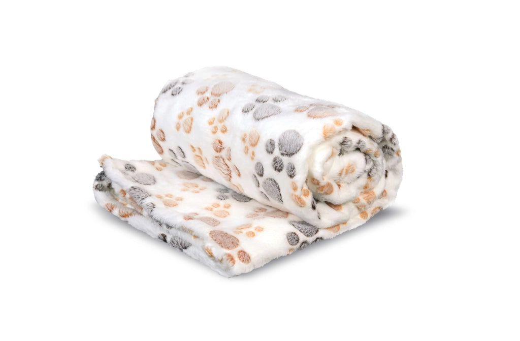 AIO FACTORY Coperta in pile 70x50 cm bianca con zampe marrone-grigio per cuccia per cani