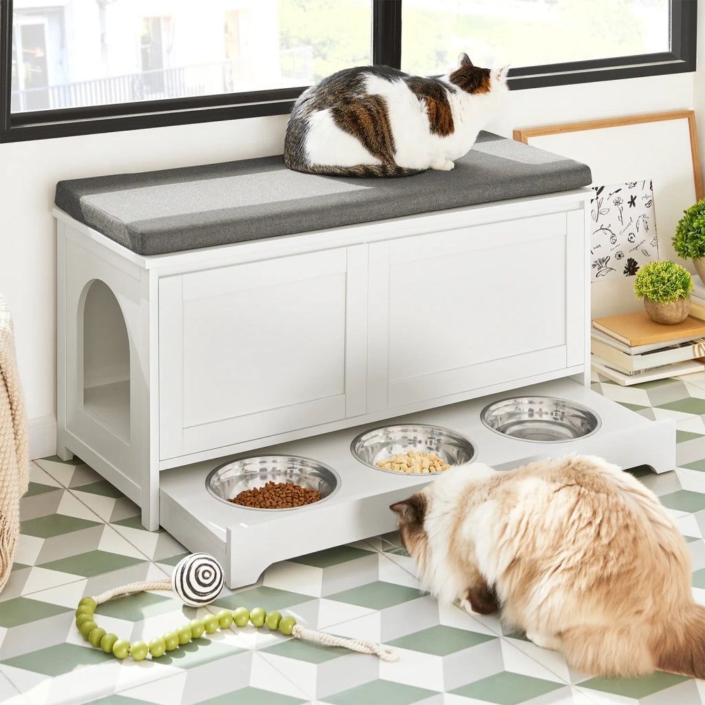 Cuccia Per Gatti Con Ciotola Per Gatti In Acciaio Inossidabile Panca Con Seduta Casetta Per Gatti Bianco 90x36x44cm FSR136-W SoBuy