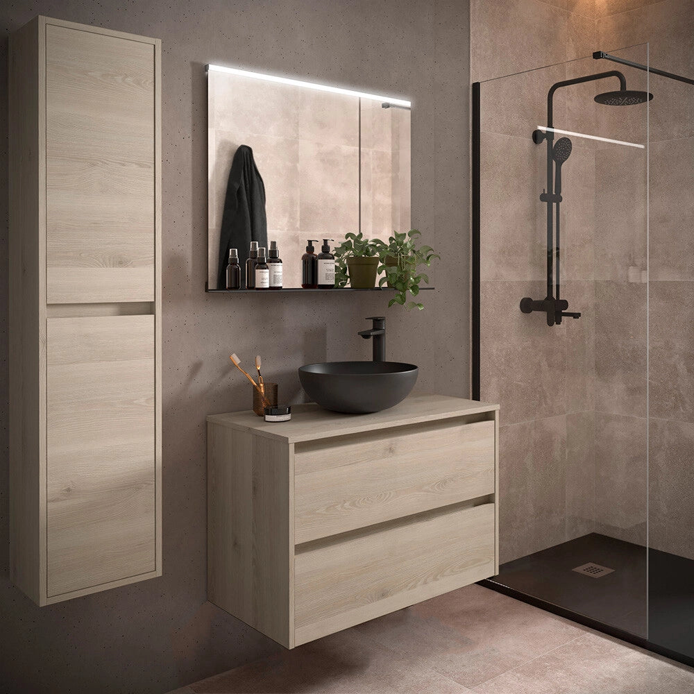 Mobile bagno sospeso 90 cm rovere bali con top per lavabo da appoggio Gaya