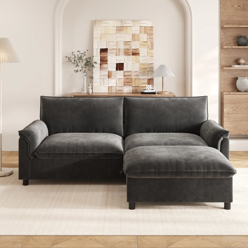 DIVANO Angolare Modulare 216 cm in Chenille Nero con 1 poggiapiedi