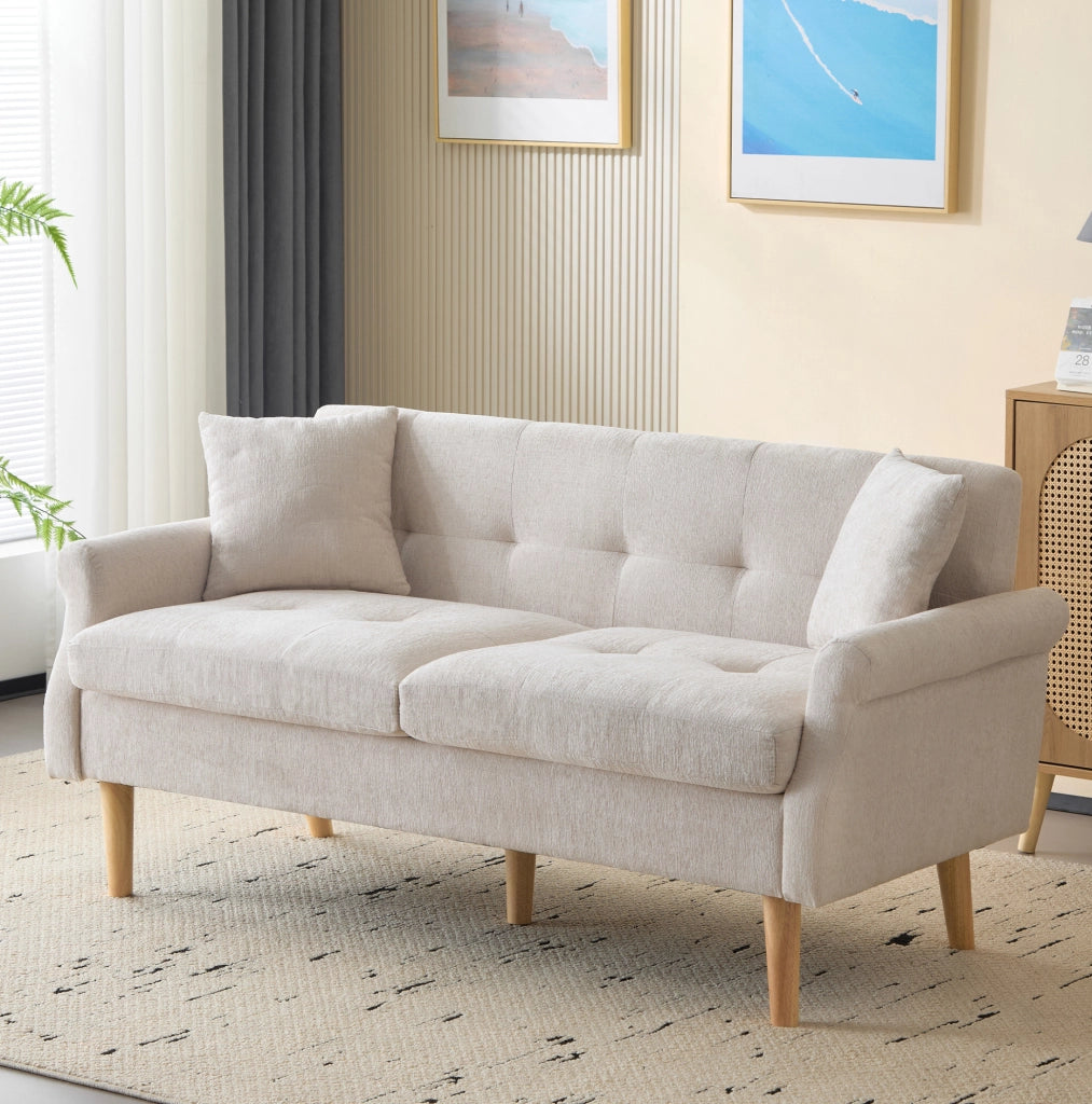 Divano 2 posti in chenille beige con cuscini; 162x74x77 cm