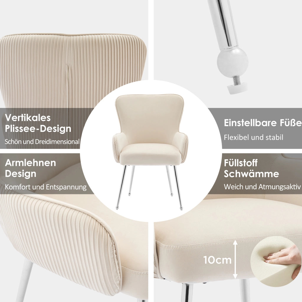 Sedia da pranzo in velluto set 6 pezzi con braccioli supporto lombare e gambe metalliche beige