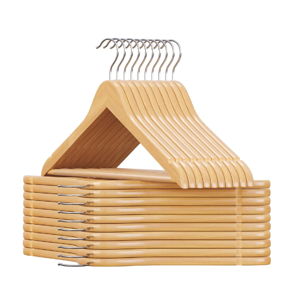 Set 20 Grucce in Legno Naturale per Giacche, Camicie e Pantaloni con Barra e Intagli per Spalline, Appendini Resistenti Salvaspazio Armadio 44,5 cm