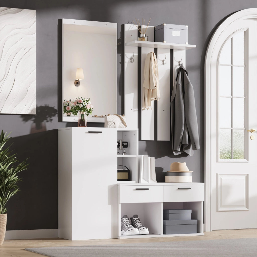 Set da ingresso composto da scarpiera, specchio e ganci appendiabiti, con 2 cassetti, in MDF, bianco