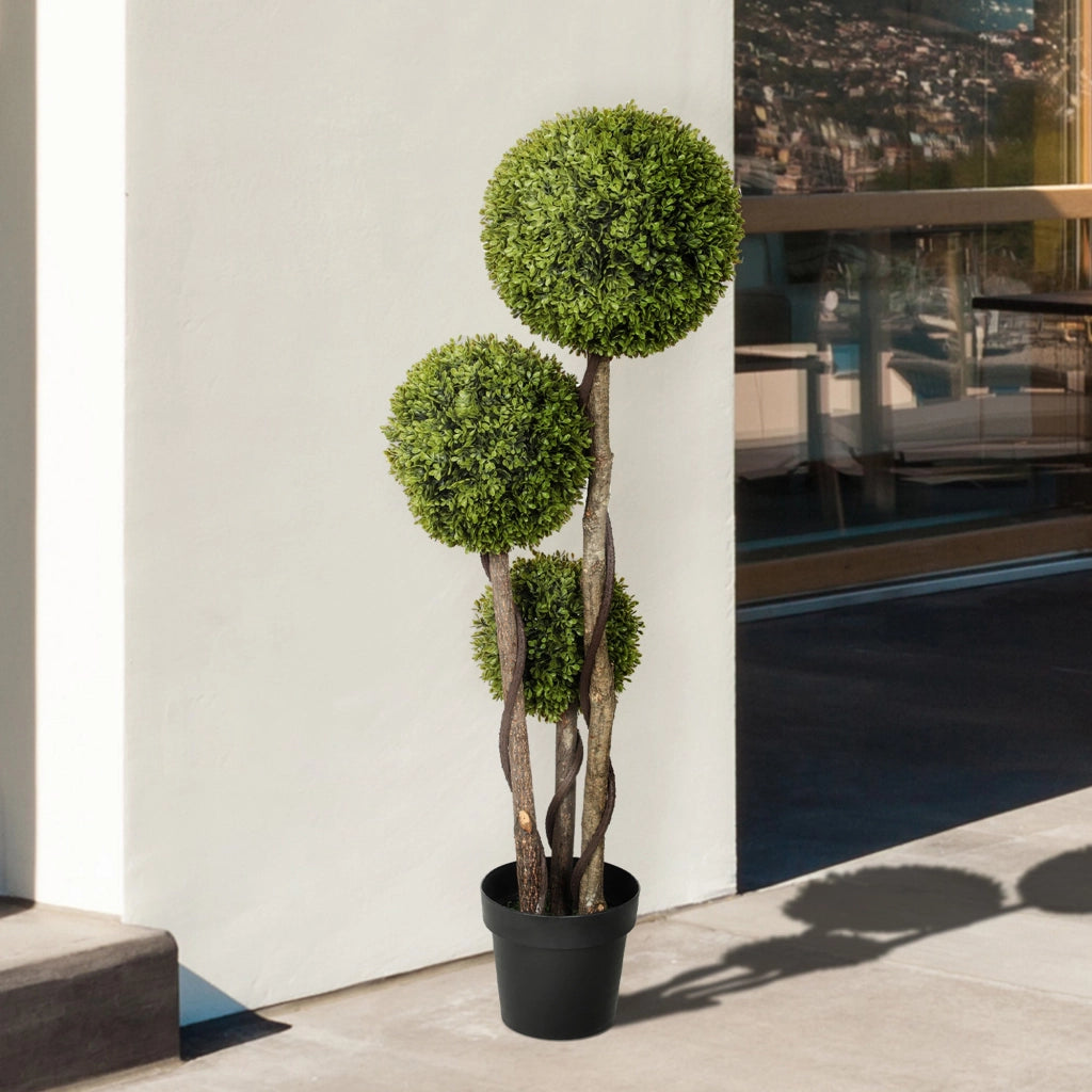 Pianta di Bosso Artificiale 115A cm a 3 Sfere con Vaso Incluso Verde