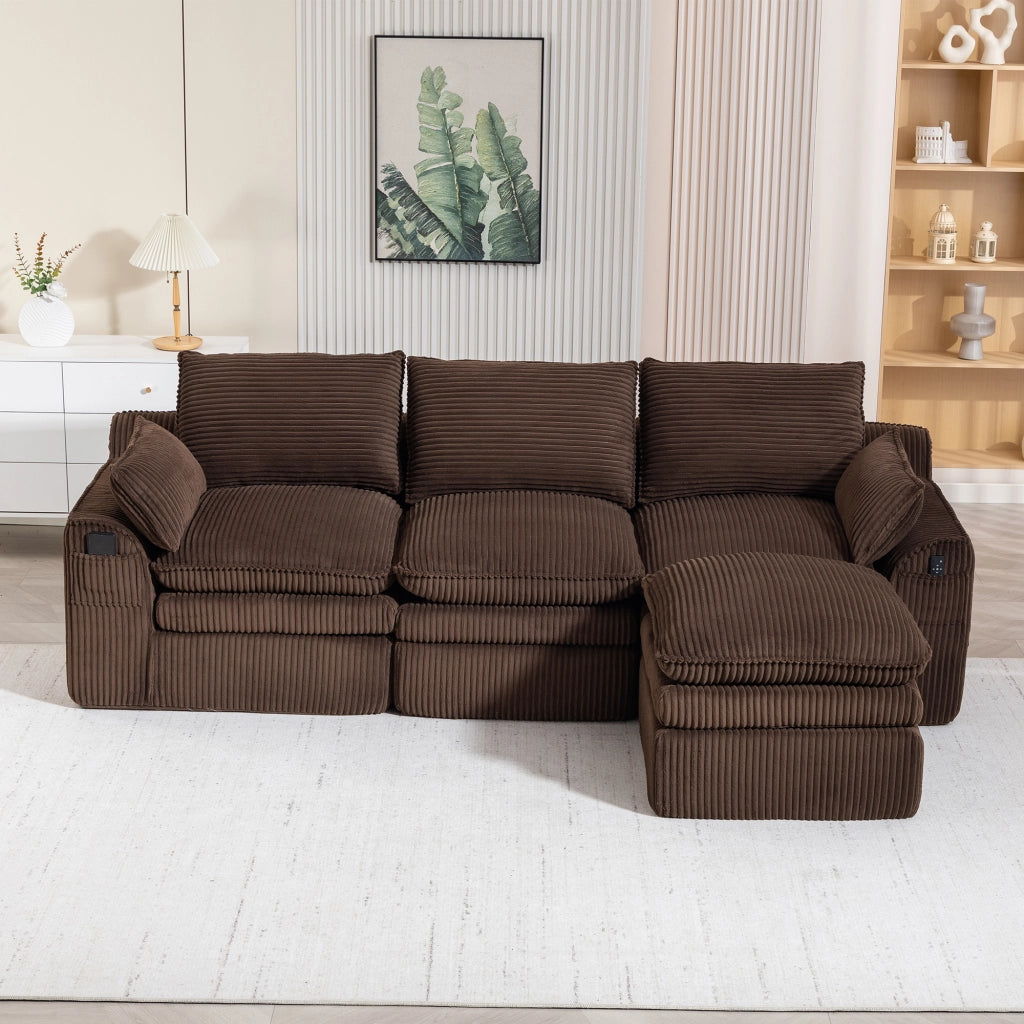 Divano modulare 3 posti con pouf, tasche laterali e cuscini, in velluto a coste con schiuma a 3 strati marrone