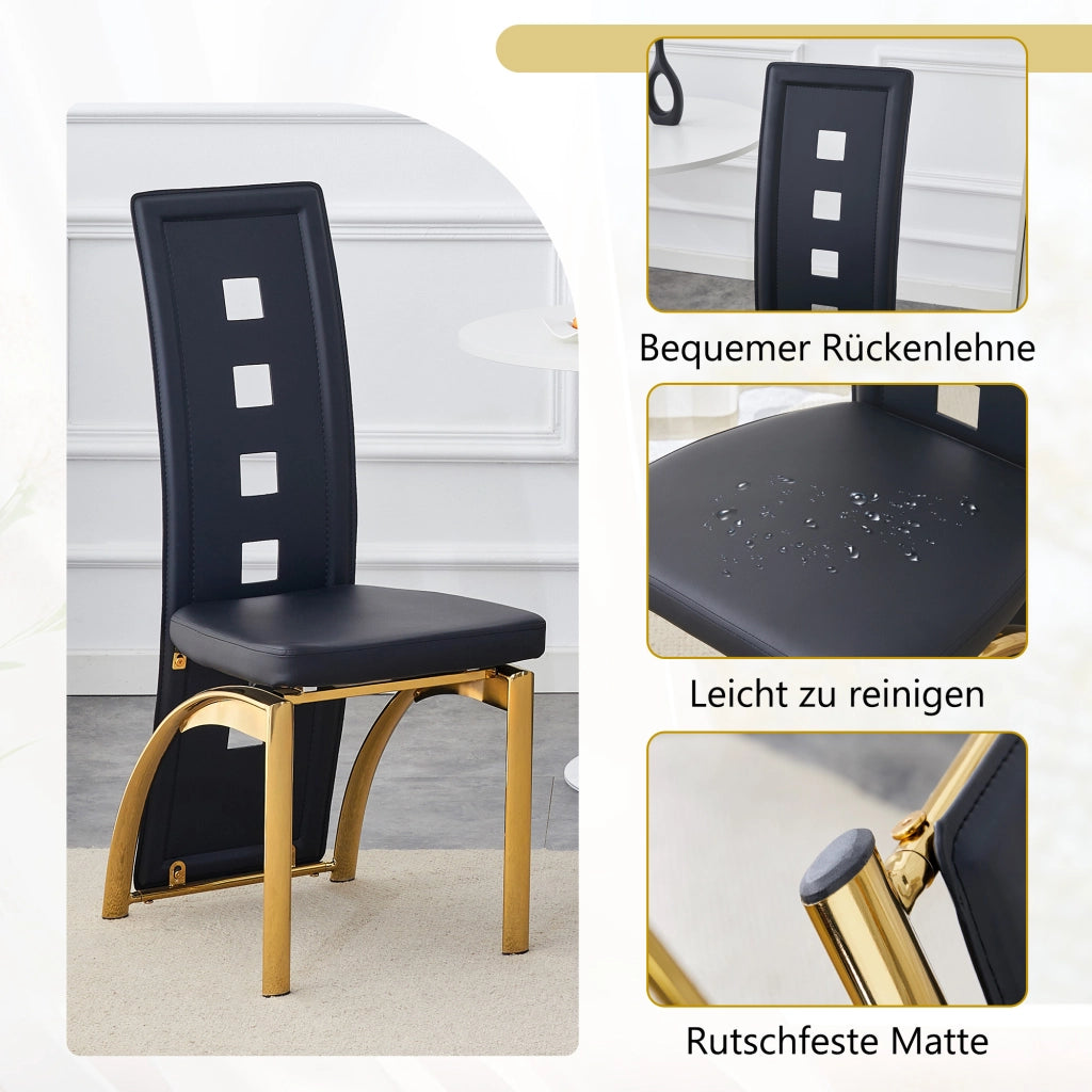Sedia da Pranzo Set da 2 con Schienale Ajouré e Gambe in Metallo, PU Nero e Oro