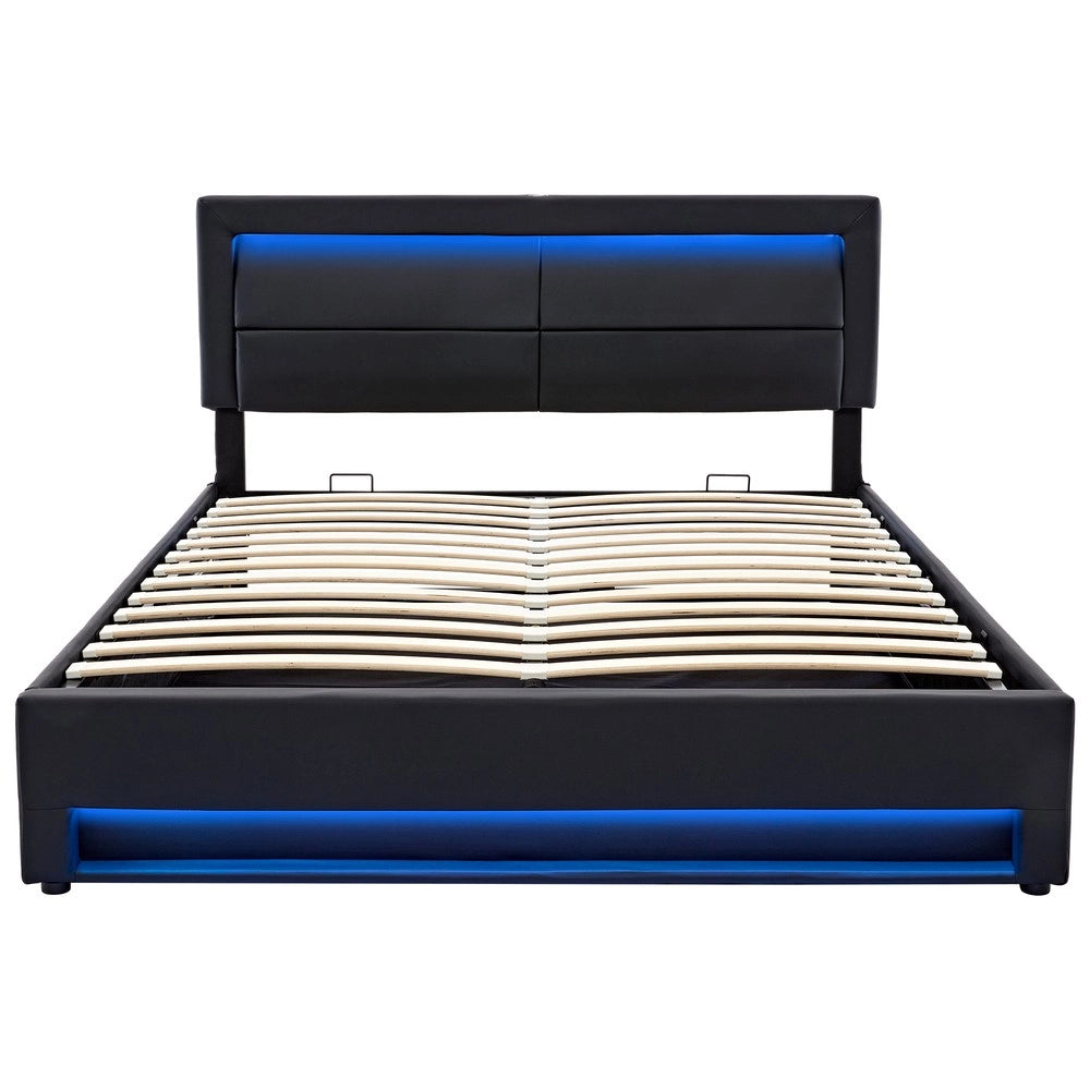Letto Imbottito con LED e Contenitore ¨C MINIMAL ¨C Nero, 140x190, USB