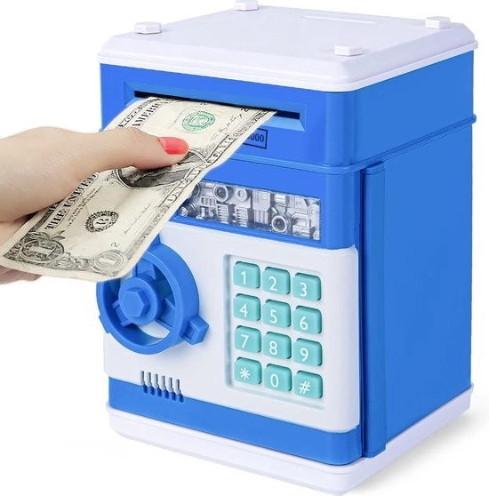 Spia di sicurezza per contanti - Con codice - Cassaforte elettrica - Blu - Cassaforte per bambini e bambine - Adatto per monete Euro e biglietti - Distributore di contanti