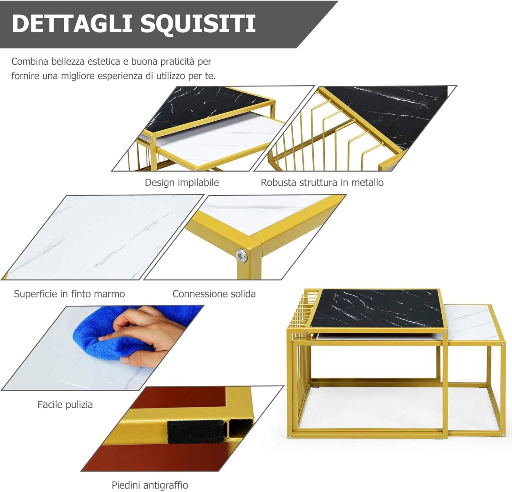 Set di Tavolini da Caffè, Tavolini da Salotto Moderni e Impilabili in Legno e Metallo, Tavolino Retangolare e Tavolino Quadrato per Soggiorno e Salone