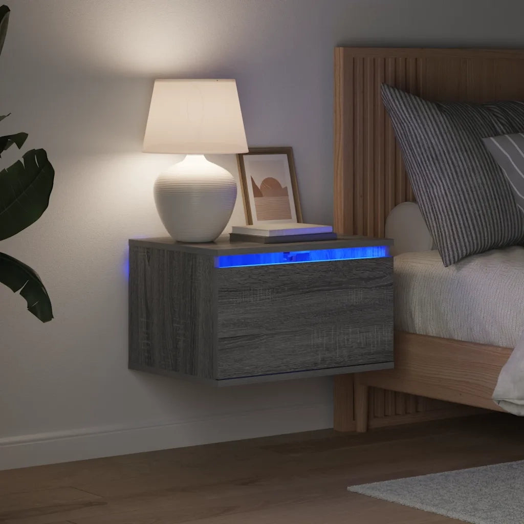 Comodino | Armadio da Notte | Mobiletto da notte a Parete con luci LED Grigio Sonoma