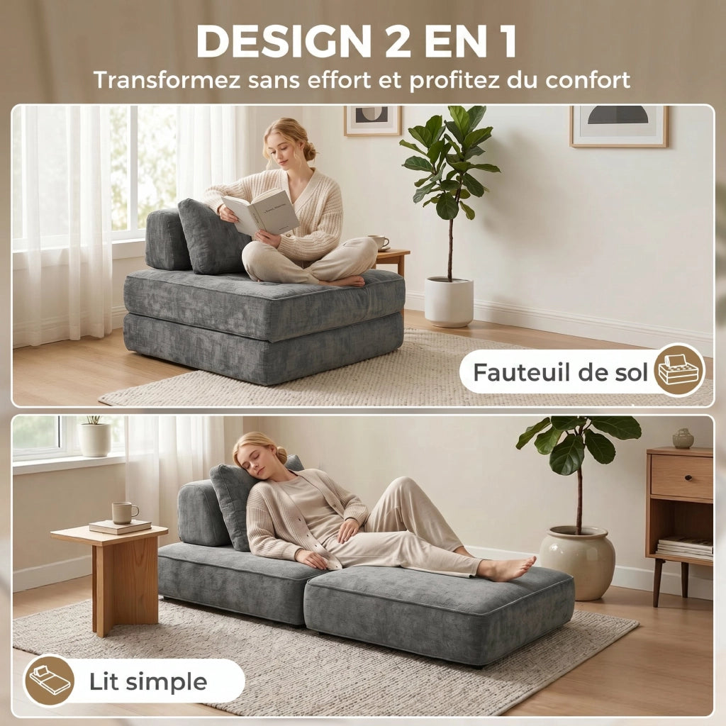 Divano letto 2 posti ¨C zephmum ¨C grigio con cuscino e chenille