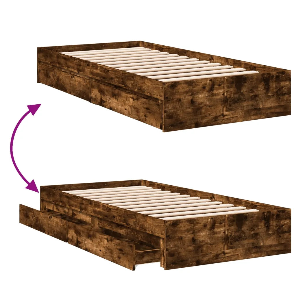 Letto singolo | Letto per adulti | Giroletto con Cassetti Rovere Fumo 75x190 cm Legno Multistrato
