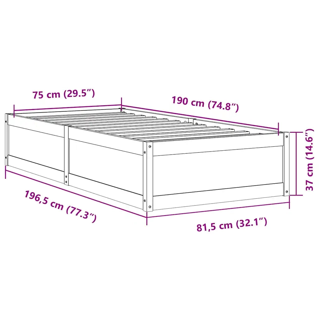 Letto senza Materasso-Struttura Letto Bianco 75x190 in Legno Massello di Pino 834946