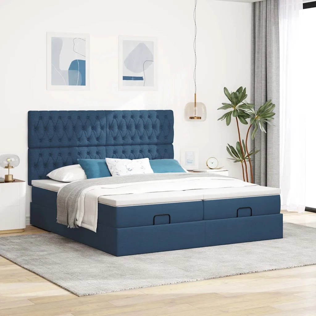 Struttura Letto Pouf con Materassi Blu 200x200 cm in Tessuto 3313726