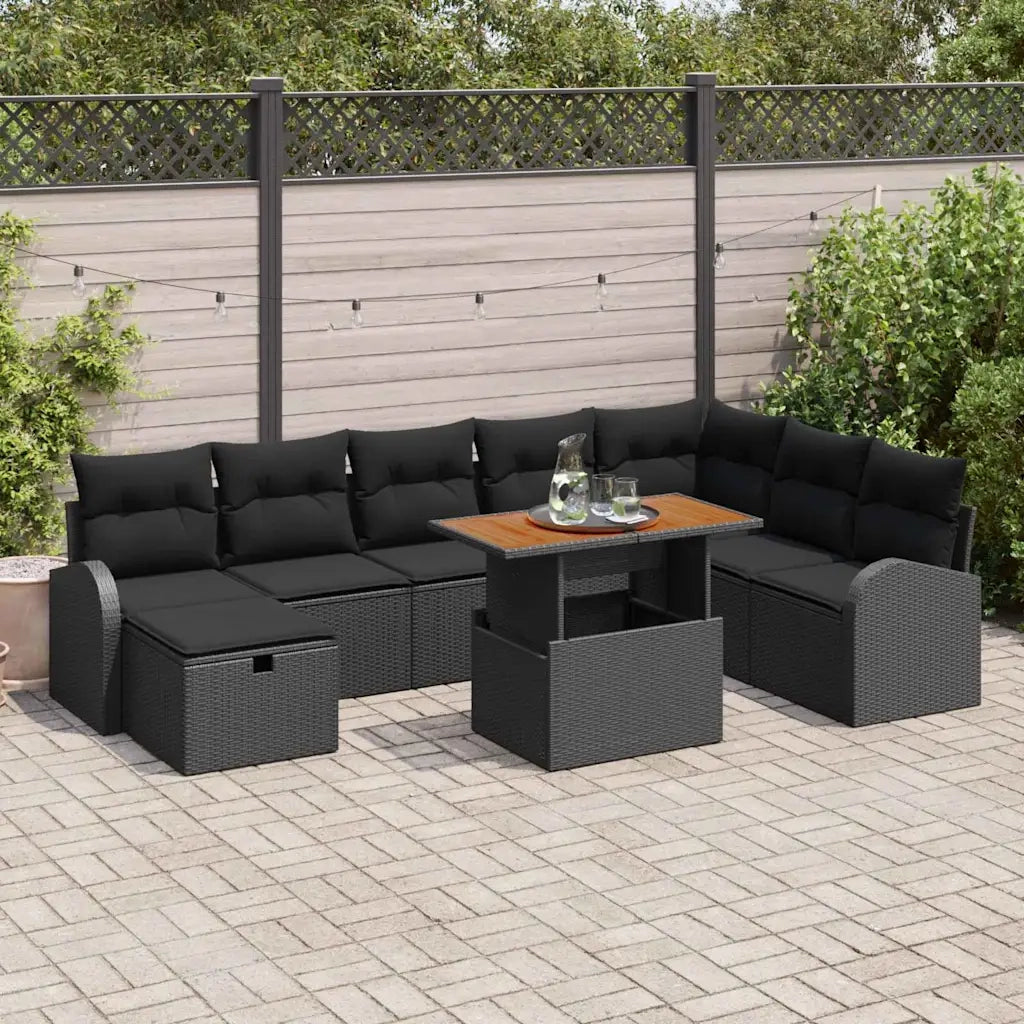 Set Divano da Giardino con cuscino 9 pcs Nero polyrattan