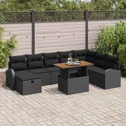 Set Divano da Giardino con cuscino 9 pcs Nero polyrattan