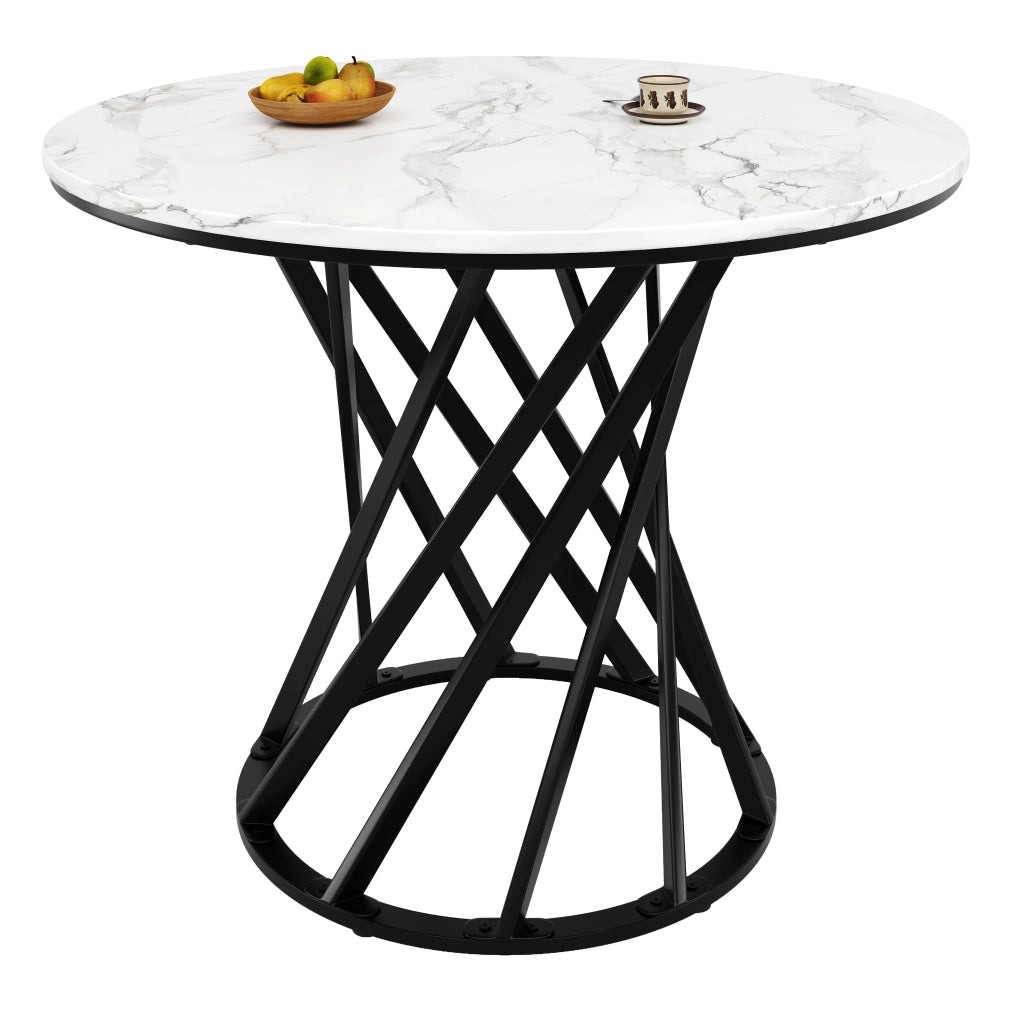 Tavolo da Pranzo Rotondo ¨C Xylo ¨C Piano MDF Effetto Marmo, Gambe in Metallo Nero, 80x80x76