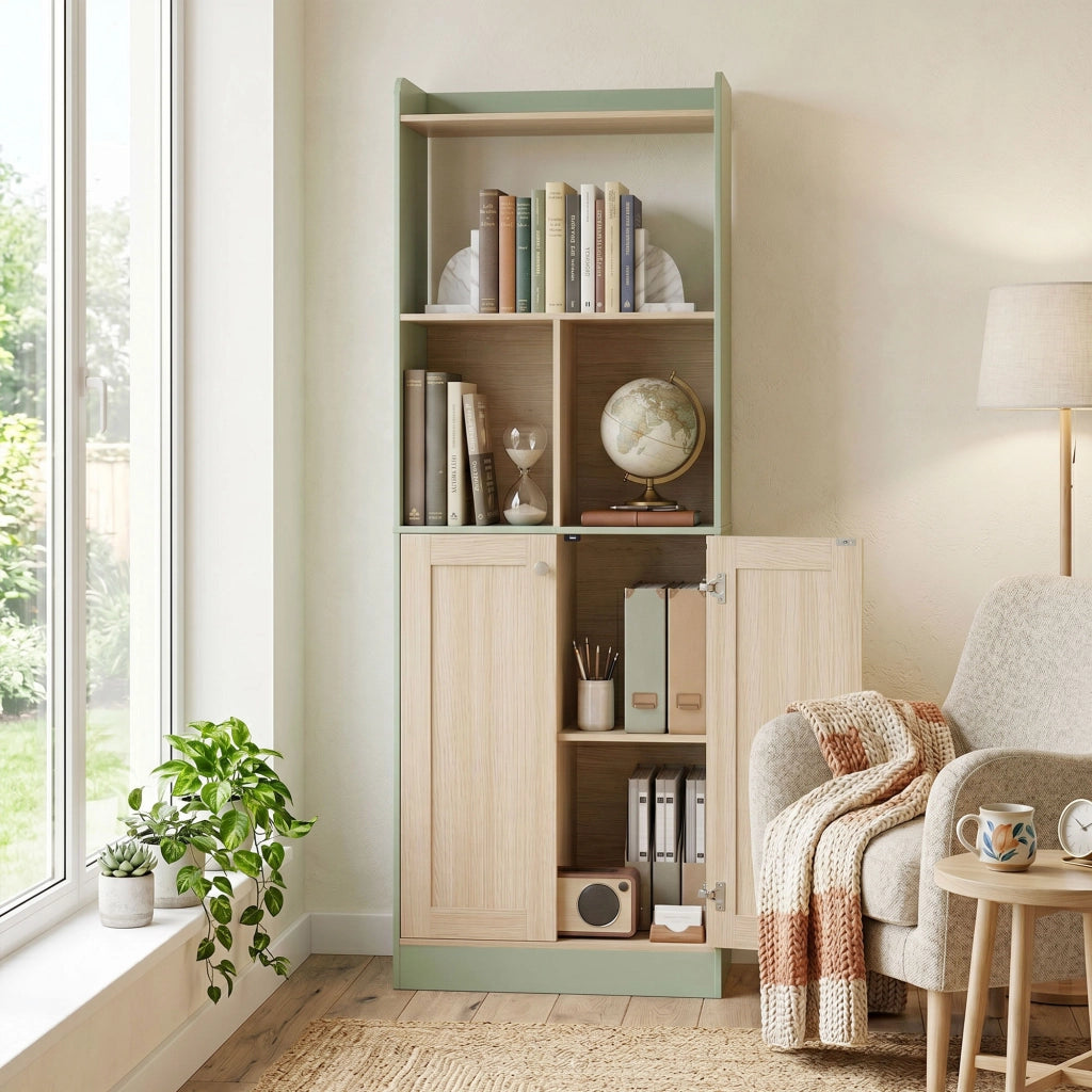 Libreria con 2 ante ¨C zephmum ¨C verde e legno naturale 60x30x161