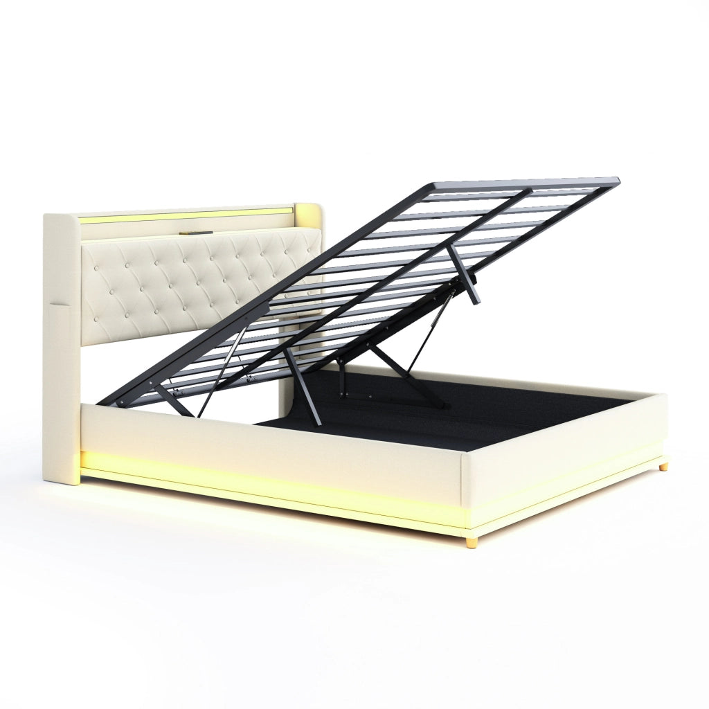 Letto matrimoniale imbottito LED 160x200 cm con porta USB e contenitore idraulico; beige