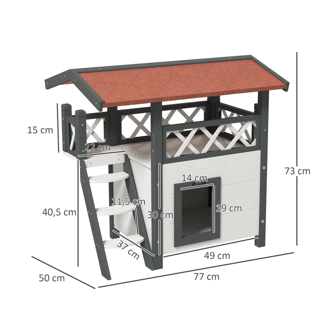 Casetta per Gatti Esterni con Terrazza e Scala ¨C Xylo ¨C Bianco e Rosso 77x50x73cm