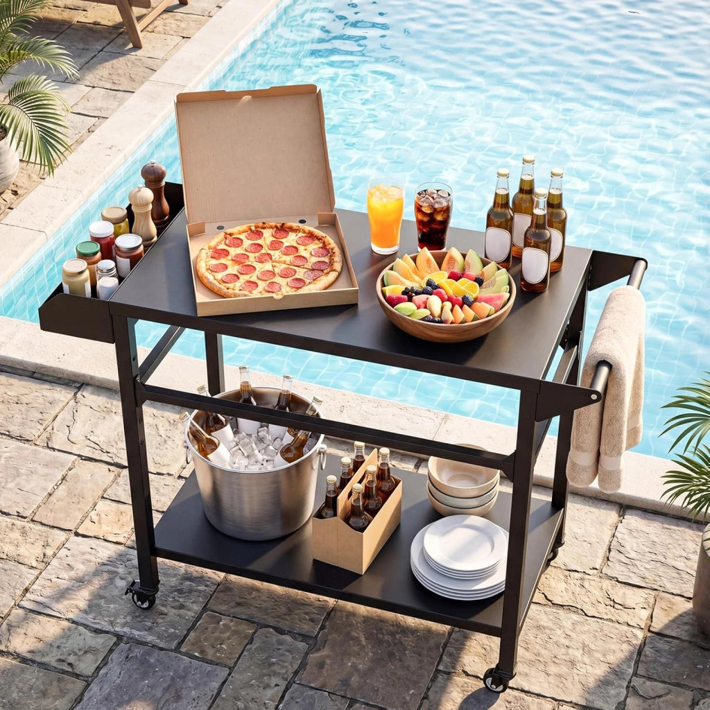 Carrello per Barbecue con 4 Ruote, Carrello Cucina da Esterno per BBQ in Metallo con Portaspezie, Portasciugamani e Ripiano Portaoggetti Inferiore, per Giardino e Terrazza, 100 x 80 x 45 cm