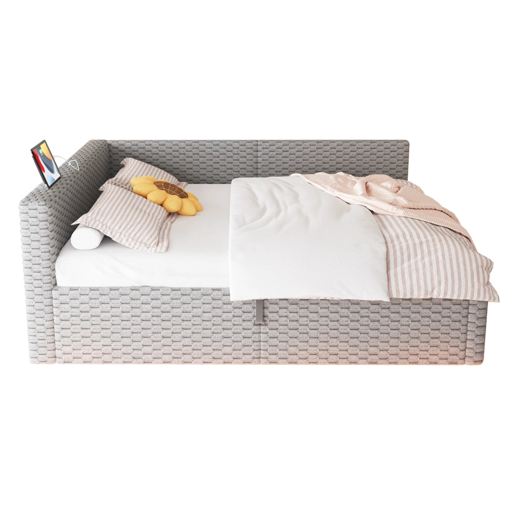 Letto Imbottito 140x200 con LED ¨C MINIMAL ¨C Velluto Grigio, Idraulico, USB