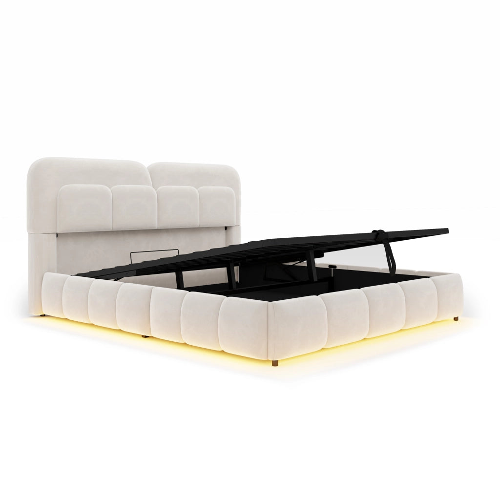 Letto matrimoniale 140 x 200 cm, testiera imbottita, con luci a LED, vano portaoggetti, rivestimento in velluto, beige