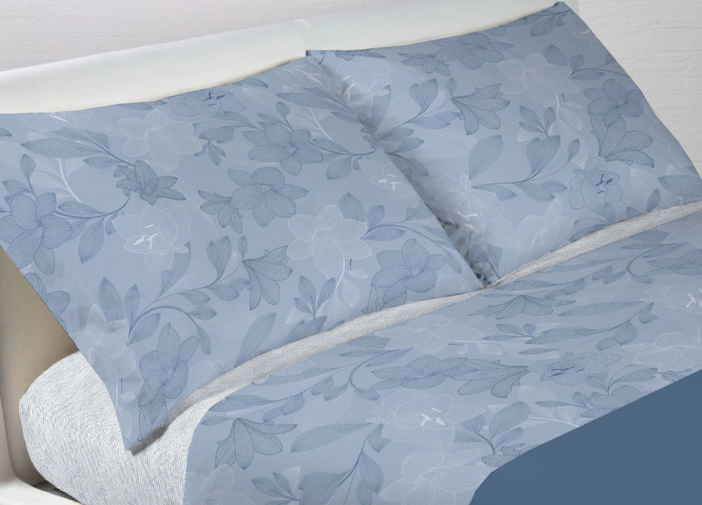 Completo Lenzuola Letto In 100% Cotone Made Italy Disegno Lily - Maxi - Blu