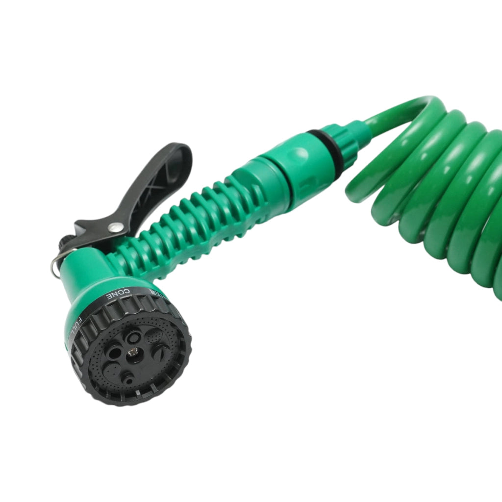 Tubo da giardino spirale estensibile 7.5 m con pistola regolabile a 7 funzioni, adattatore 3/4 e raccordo rapido 1/2
