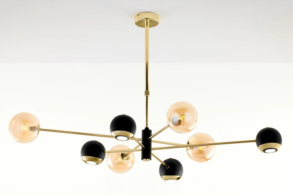 Sospensione MOKA oro/nero globi ambra 8 luci Jupiter