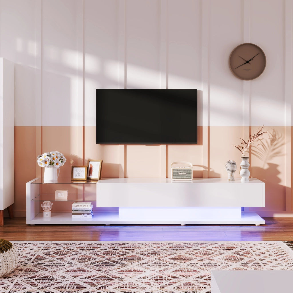 Mobile TV con LED ¨C MINIMAL ¨C Bianco Lucido, Vetro, Design Moderno