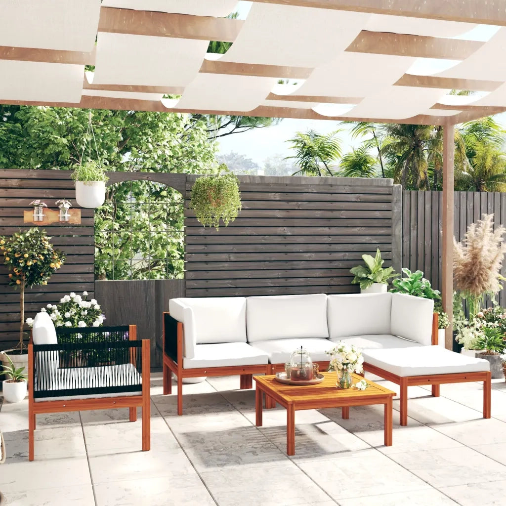 Set da giardino 6 pezzi con cuscini in legno crema, acacia e corda 3057880