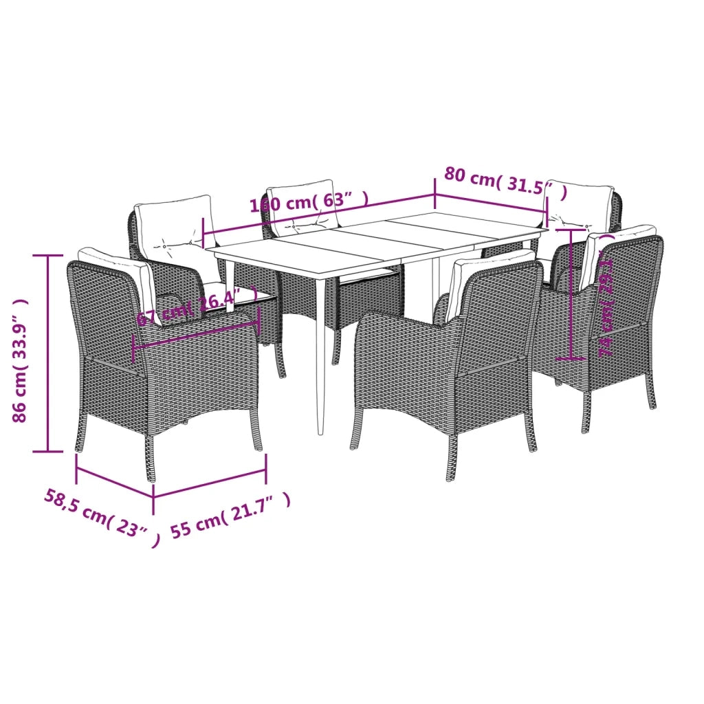 Set da Pranzo da Giardino 7 pz Nero con Cuscini in Polyrattan