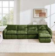 Divano modulare angolare 4 posti con pouf in chenille verde 334x160x68 cm