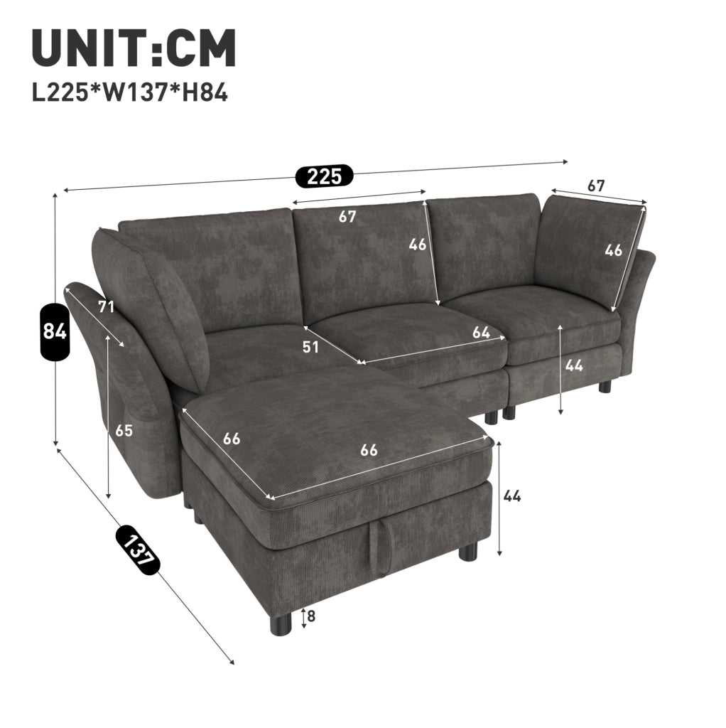 Divano modulare a L 225x137x84 cm in chenille grigio con pouf contenitore e cuscini