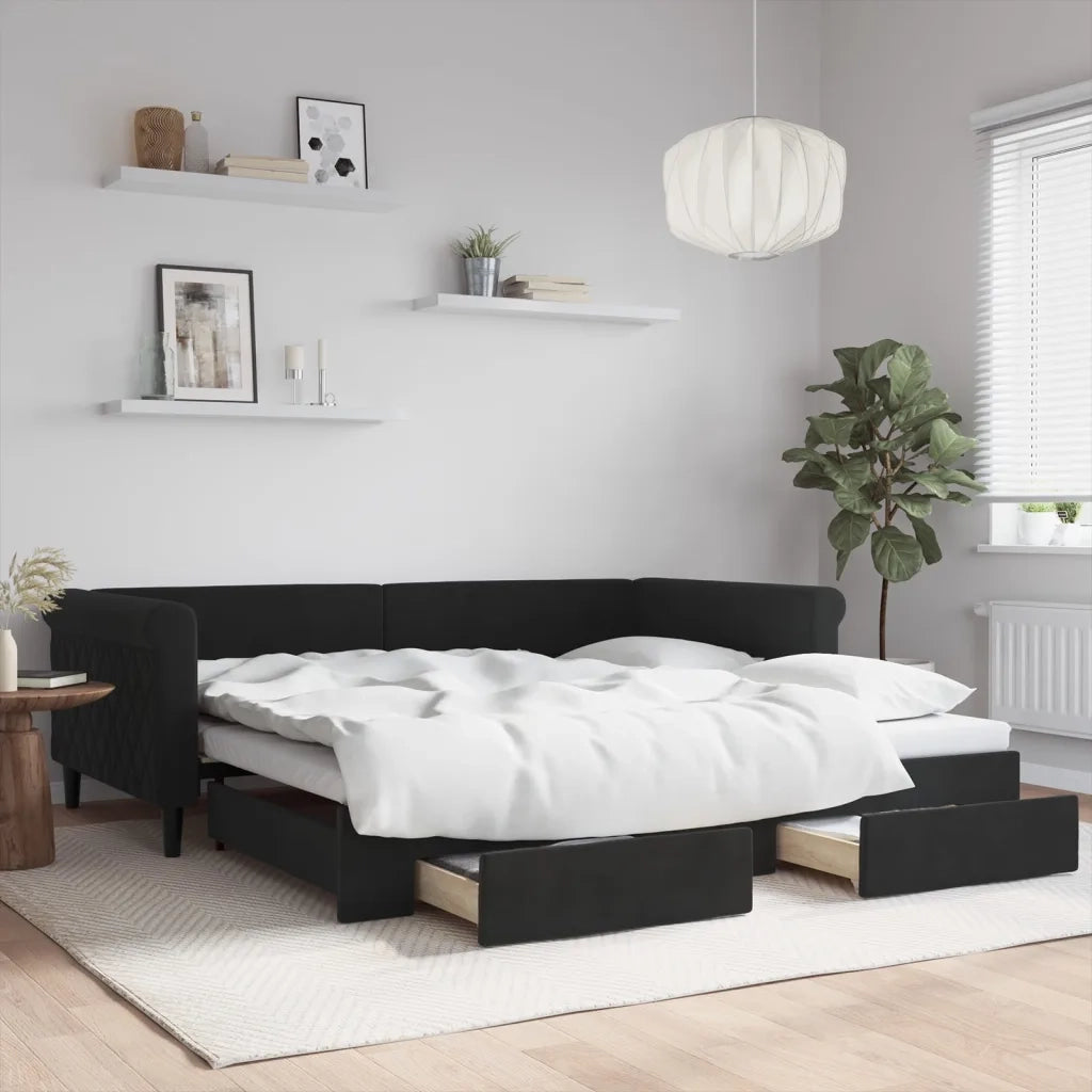 Divano letto | Sof¨¤ letto | Letto singolo Estraibile con Cassetti Nero 100x200 cm in Velluto