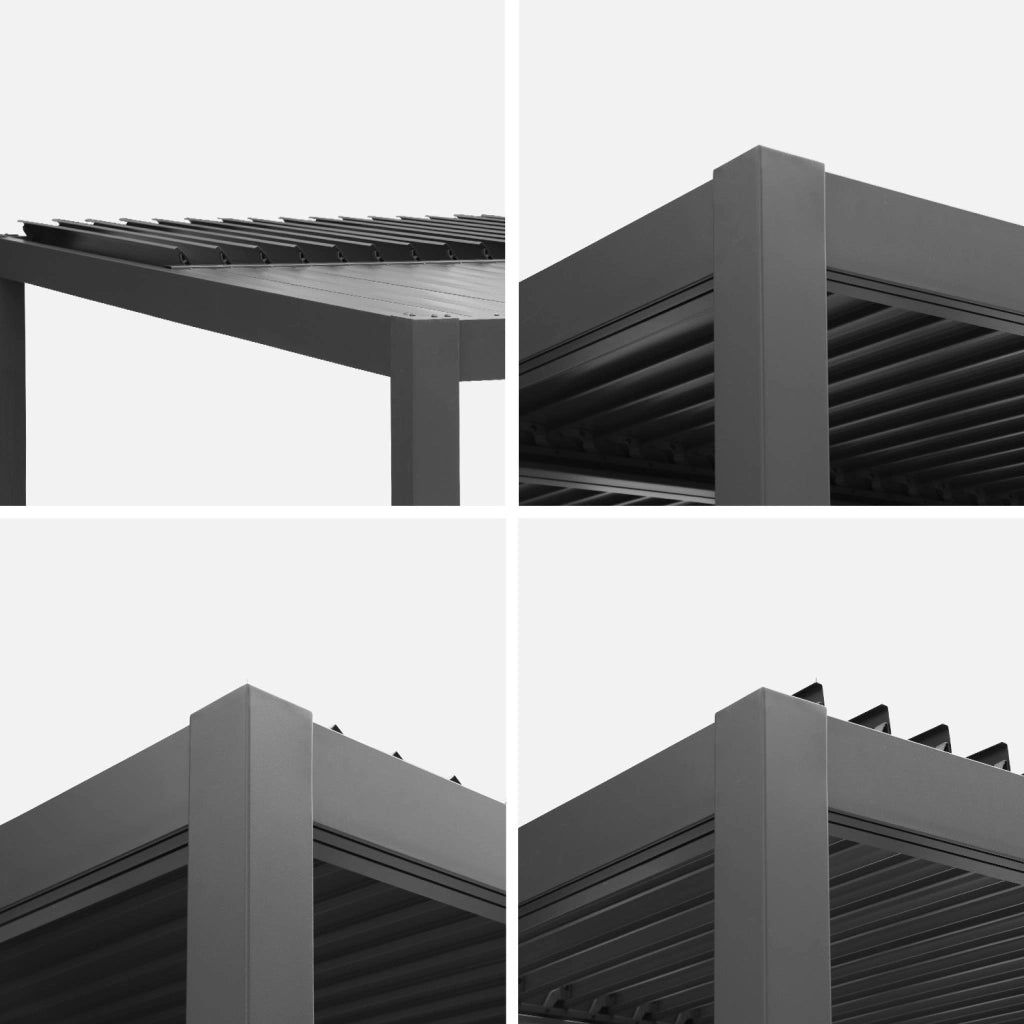 Pergola bioclimatica 3x4m in alluminio e acciaio + tenda 3m, antracite