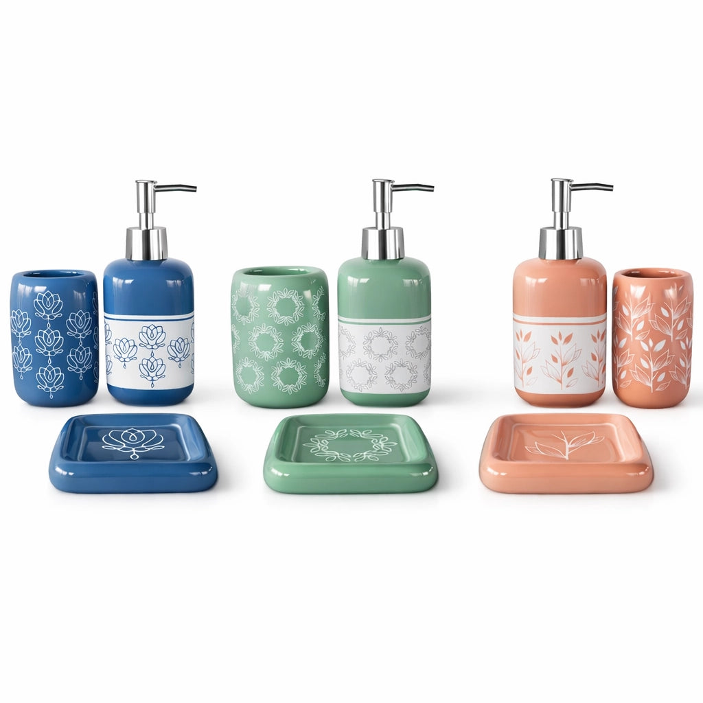 Set Accessori Bagno Ceramica 3 Pezzi Dispenser Sapone Portaspazzolini Rosa